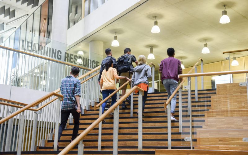 Male and female college students in casual clothing, on way to class, ascending staircase