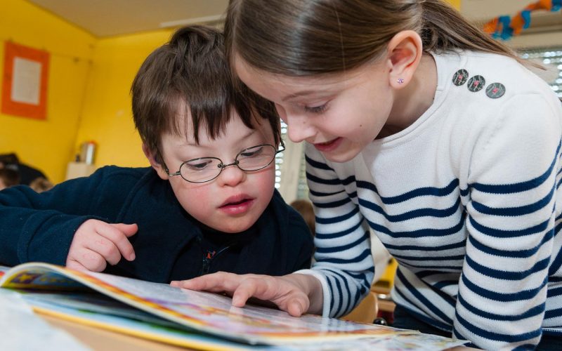DY9HN3 Non-disabled and disabled pupils (in this case a boy suffering from Down's syndrome) learn together in the same class.