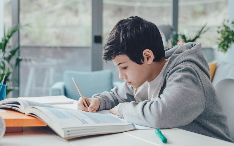 Smart young student sitting at desk at home and studying, he is writing notes