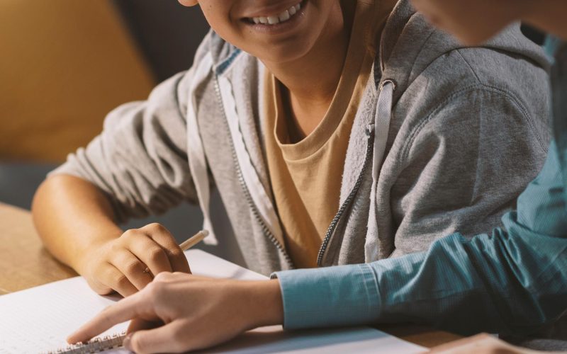 Young tutor helping a student with his homework, learning and education concept