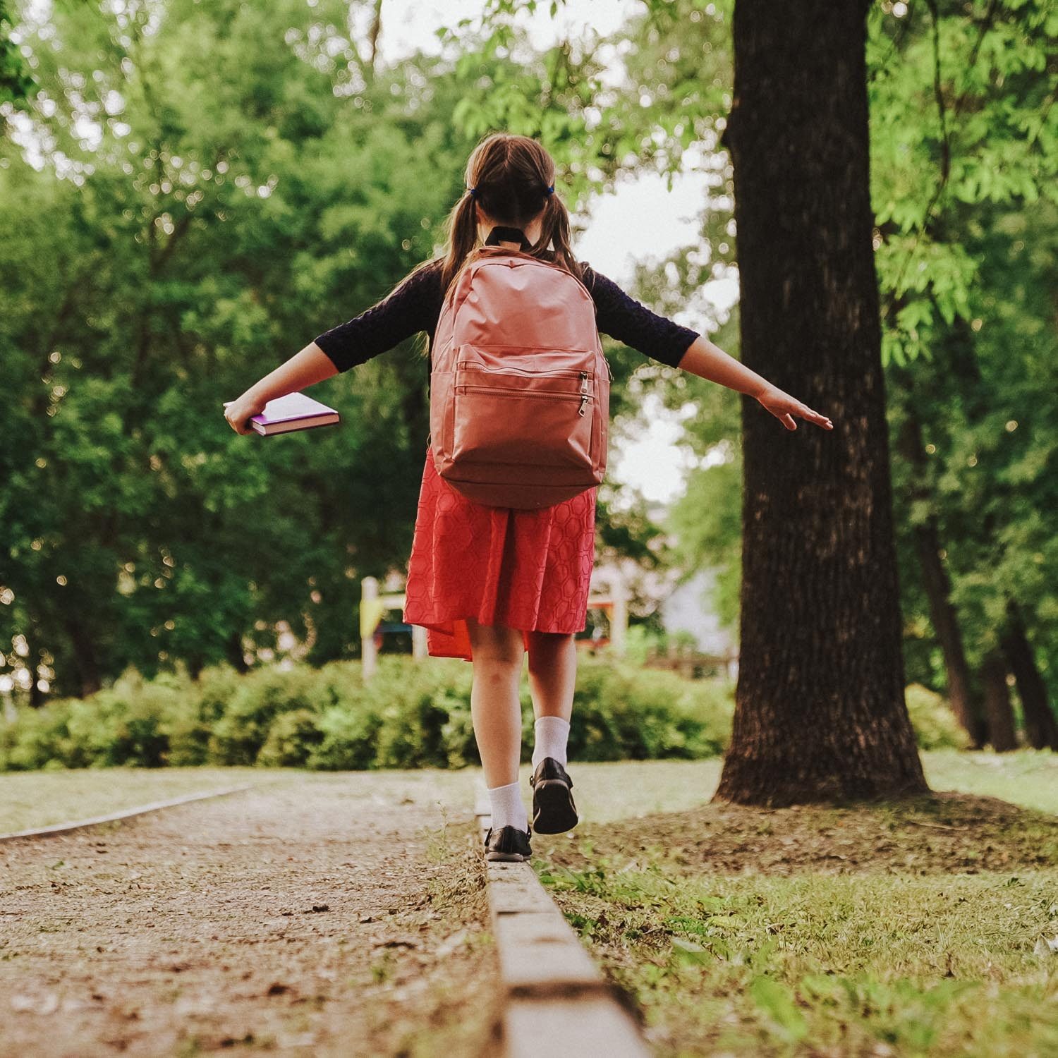 happy child goes school with backpack curb. kid with school bag textbook his hand park. Road school. view from back. happy childhood dream. childhood concept. schoolboy view from back. happy family