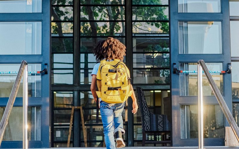 Child, walking and school entrance for education, learning or childhood development at academy building. Kid having a walk up the steps ready for back to school morning with backpack for knowledge