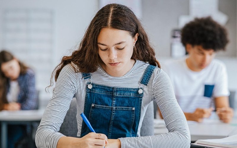 High school student taking notes from book for her study. Young woman sitting at desk and finding information in college library. Focused girl studying in classroom completing assignment.