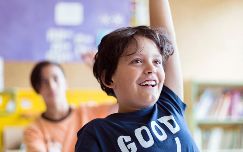 Portrait of smiling caucasian child with raised hand in class. Primary education. Back to school.