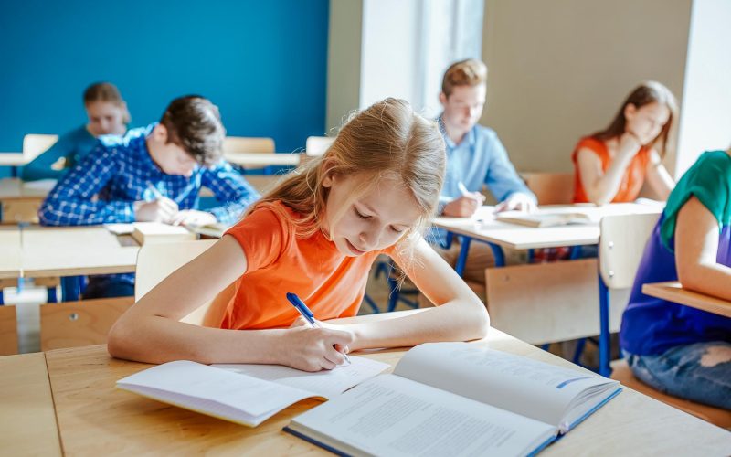 education, learning and people concept - student girl with book writing school test