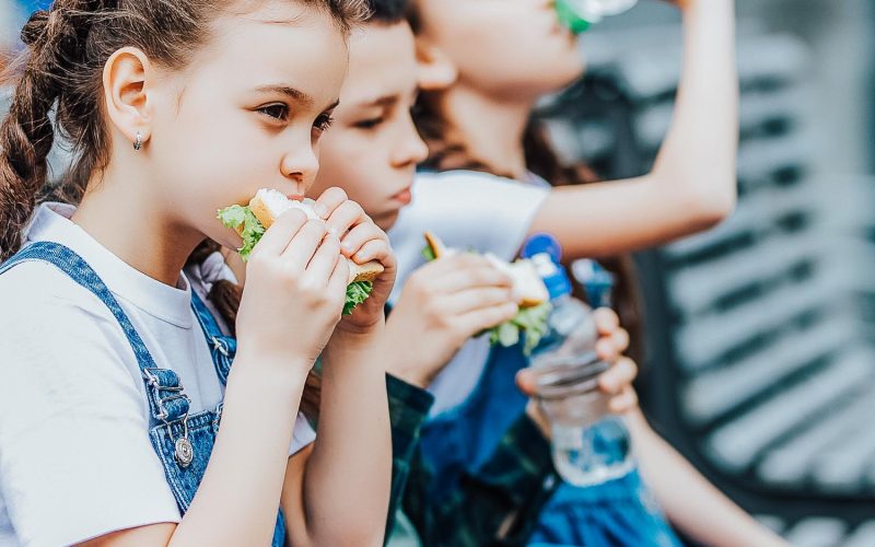 Three child eat, appetizing school lunch. Healthy school lunch: apple, juice, hamburger, vegetable,after education..
