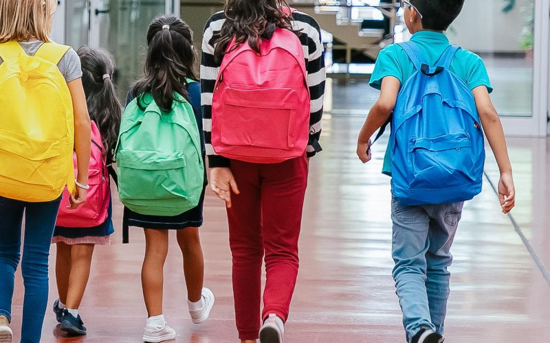 Group of schoolkids with male teacher walking in school corridor. Back view, full length. Education or back to school concept
