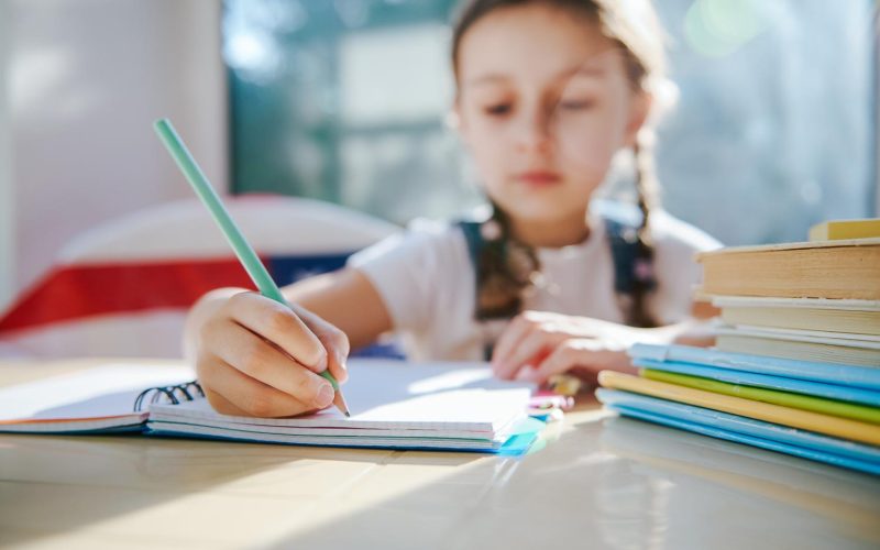 Details: Hand of a blurred schoolgirl, first grader holding a pencil, making notes on copybook while learning the writing at classroom. Textbooks on the desk. Back to school. Education. Erudition